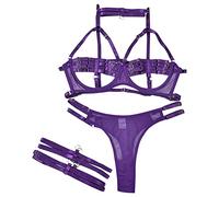 Generisch Set di lingerie da donna in quattro pezzi, con lacci, anello per le gambe, confuso, biancheria intima in latte di pomuglia, aspetto industriale pesante, Lilla, M