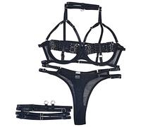 Generisch Set di lingerie da donna in quattro pezzi, con lacci, anello per le gambe, confuso, biancheria intima in latte di pomuglia, aspetto industriale pesante, Nero , S
