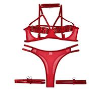 Generisch Set di lingerie da donna in quattro pezzi, con lacci, anello per le gambe, confuso, biancheria intima in latte di pomuglia, aspetto industriale pesante, Colore: rosso, M