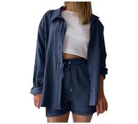 Generisch Set di pantaloncini da donna a maniche lunghe 2026 con camicia, basic top in due pezzi, traspirante, abbigliamento alla moda per la primavera e la vita quotidiana, Blu marino, L