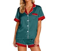 Generisch Set di pigiama da donna in raso floreale con camicia a maniche corte come comodo abbigliamento da notte per ogni stagione, Verde scuro, XL
