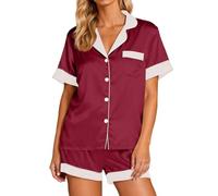 Generisch Set di pigiama da donna in raso floreale con camicia a maniche corte come comodo abbigliamento da notte per ogni stagione, Vino, S