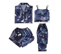 Generisch Set di pigiama da donna morbido pigiameria loungewear primavera autunno inverno cuore modello pigiama set casual cotone maniche lunghe top pantaloni, Pajamas B10-blu, S