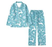 Generisch Set di pigiama natalizio da donna con design festivo, top a maniche lunghe, comodo pigiama combinato per notti rilassanti nella stagione fredda, Celeste., 3XL