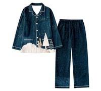 Generisch Set di pigiama natalizio da donna con design festivo, top a maniche lunghe, comodo pigiama combinato per notti rilassanti nella stagione fredda, Blu marino, M