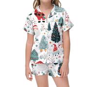 Generisch Set di pigiama natalizio per bambini, in raso, a maniche corte, biancheria da notte in due pezzi, con bottoni, classico loungewear pantaloncini con design dinosauro, bianco, 12-13 Jahre