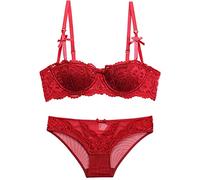 Generisch Set di reggiseno da donna in stile Vine con mezza tazza in pizzo per seno piccolo, push-up, Vino, 85C