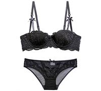 Generisch Set di reggiseno da donna in stile Vine con mezza tazza in pizzo per seno piccolo, push-up, Nero , 80B