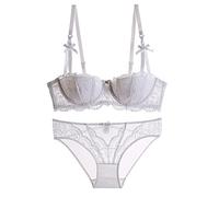 Generisch Set di reggiseno da donna in stile Vine con mezza tazza in pizzo per seno piccolo, push-up, bianco, 75E