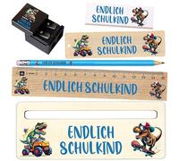 Generisch Set di scuola per bambini - regalo per l'inizio della scuola per ragazzi e ragazze - righello, gomma, aiuto per la lettura - 3 misure (mini, standard, Premium) - Dino, unicorno, calcio (Dino