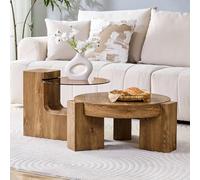 Generisch Set di tavolini da caffè separabili 2 in 1, 0,6 cm, vetro di sicurezza colorato e legno MDF, 2 ripiani, rotondo, tavolino da caffè per soggiorno, camera da letto, balcone, alta stabilità