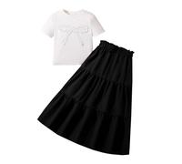 Generisch Set estivo per ragazze, composto da una grande camicetta bianca con scollo rotondo, maniche corte, papillon e una gonna nera a lunghezza intera con elastico in vita., bianco, 8-9 Anni
