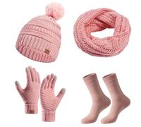 Generisch Set invernale da uomo, in 3 pezzi, con cappello caldo, sciarpa, guanti in tinta unita, Colore: rosa., Taglia unica