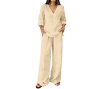 Generisch Set loungewear da donna in due pezzi, con pantaloni a taglio ampio e comodo top per il tempo libero, in struttura a costine o leggera, per la casa, le vacanze, la città e i viaggi, Ae-kaki