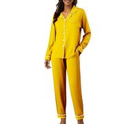 Generisch Set loungewear da donna - Pigiama lungo alla moda, alla moda, con colletto a risvolto, biancheria da notte comoda, tinta unita, con bottoni, giallo., XL