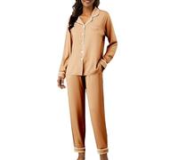 Generisch Set loungewear da donna - Pigiama lungo alla moda, alla moda, con colletto a risvolto, biancheria da notte comoda, tinta unita, con bottoni, oro rosa., S