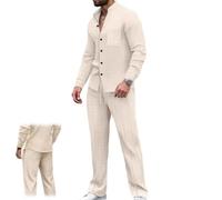 Generisch Set per il tempo libero da uomo in piqué a nido d'ape, 2 pezzi: camicia con colletto alto e pantaloni, tinta unita, con bottoni, casual e casual, abbigliamento da spiaggia, cachi, x_l