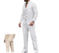 Generisch Set per il tempo libero da uomo in piqué a nido d'ape, 2 pezzi: camicia con colletto alto e pantaloni, tinta unita, con bottoni, casual e casual, abbigliamento da spiaggia, bianco, 3x_l