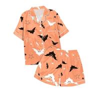 Generisch Set pigiama casual per bambini con stampa Halloween e colletto a bottone, maniche corte, top e pantaloncini pigiameria bambini cavalli, Viola chiaro, 4-5 Anni