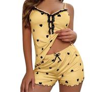 Generisch Set pigiama corto da donna, in raso, con top e pantaloncini, pigiama corto, in due pezzi, con motivo a cuore, set di pigiami, morbido lounge, comodo pigiama da donna, giallo., XL