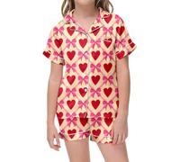 Generisch Set pigiama da bambina con stampa di San Valentino, a maniche corte, casual, comodo, tessuto a maglia traspirante, con dettagli a bottoni, rosa intenso, 12-13 Jahre