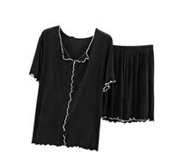 Generisch Set pigiama da donna, 2 pezzi, a maniche corte, per il tempo libero, con scollo a V, camicia da notte e pantaloni da pigiama, tinta unita, comodo, traspirante, per la casa di tutti i giorni