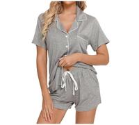 Generisch Set pigiama da donna a maniche corte, biancheria da notte con bottoni e pantaloncini morbidi per la casa, grigio chiaro., XXL