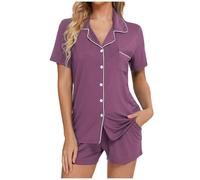 Generisch Set pigiama da donna a maniche corte, biancheria da notte con bottoni e pantaloncini morbidi per la casa, Lilla, XXL