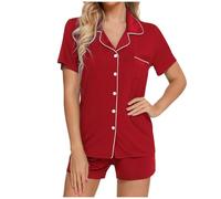 Generisch Set pigiama da donna a maniche corte, biancheria da notte con bottoni e pantaloncini morbidi per la casa, Colore: rosso, XL