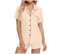 Generisch Set pigiama da donna a maniche corte, biancheria da notte con bottoni e pantaloncini morbidi per la casa, beige., XXL