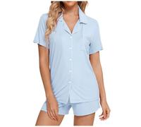 Generisch Set pigiama da donna a maniche corte, biancheria da notte con bottoni e pantaloncini morbidi per la casa, Azzurro, L