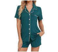 Generisch Set pigiama da donna a maniche corte, biancheria da notte con bottoni e pantaloncini morbidi per la casa, verde, L