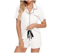 Generisch Set pigiama da donna a maniche corte, biancheria da notte con bottoni e pantaloncini morbidi per la casa, bianco, M
