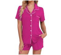 Generisch Set pigiama da donna a maniche corte, biancheria da notte con bottoni e pantaloncini morbidi per la casa, rosa intenso, XL
