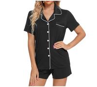 Generisch Set pigiama da donna a maniche corte, biancheria da notte con bottoni e pantaloncini morbidi per la casa, Nero , M