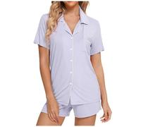 Generisch Set pigiama da donna a maniche corte, biancheria da notte con bottoni e pantaloncini morbidi per la casa, Viola chiaro, S