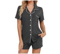 Generisch Set pigiama da donna a maniche corte, biancheria da notte con bottoni e pantaloncini morbidi per la casa, grigio., XL