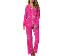 Generisch Set pigiama da donna, a maniche lunghe, in cotone, a maniche lunghe, con bottoni, con stampa amore, per la casa, morbido e morbido, pigiama, set da due pezzi, set primaverile, Rosa caldo, L