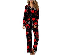 Generisch Set pigiama da donna, a maniche lunghe, in cotone, a maniche lunghe, con bottoni, con stampa amore, per la casa, morbido e morbido, pigiama, set da due pezzi, set primaverile, Vino, L
