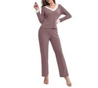 Generisch Set pigiama da donna con scollo a V, in due pezzi, caldo, a maglia, per la casa, per il tempo libero, con pizzo