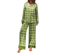 Generisch Set pigiama da donna in cotone a maniche lunghe e pantaloni lunghi, pigiama in due pezzi, con scollo a V, a maniche lunghe, per la casa, da donna, lungo e invernale, Pajamas B5-verde, M