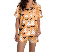 Generisch Set pigiama da donna in raso, con scollo a V, a maniche corte, con pantaloncini, stampe, pigiama da donna, 2-arancione, S