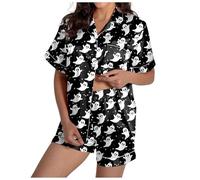 Generisch Set pigiama da donna in raso, con scollo a V, a maniche corte, con pantaloncini, stampe, pigiama da donna, 2-nero., XXL