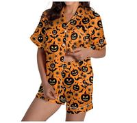 Generisch Set pigiama da donna in raso, con scollo a V, a maniche corte, con pantaloncini, stampe, pigiama da donna, 1-arancione., L