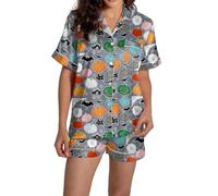 Generisch Set pigiama da donna in raso, con scollo a V, a maniche corte, con pantaloncini, stampe, pigiama da donna, 2-light grigio, M