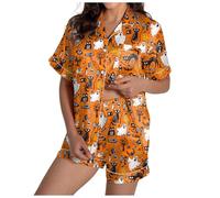 Generisch Set pigiama da donna in raso, con scollo a V, a maniche corte, con pantaloncini, stampe, pigiama da donna, 2-oro, L