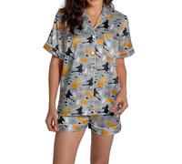 Generisch Set pigiama da donna in raso, con scollo a V, a maniche corte, con pantaloncini, stampe, pigiama da donna, 2-grigio, M