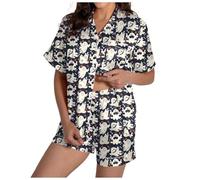 Generisch Set pigiama da donna in raso, con scollo a V, a maniche corte, con pantaloncini, stampe, pigiama da donna, 1-grigio, XXL