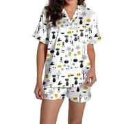 Generisch Set pigiama da donna in raso, con scollo a V, a maniche corte, con pantaloncini, stampe, pigiama da donna, 2-verde scuro, XL