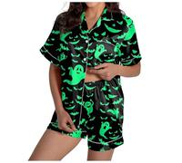 Generisch Set pigiama da donna in raso, con scollo a V, a maniche corte, con pantaloncini, stampe, pigiama da donna, 2-verde., XXL